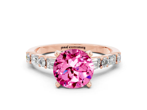 Rose gold Round Cut Pink Sapphire Solitaire with Side Baguettes and Channel Set Band_24