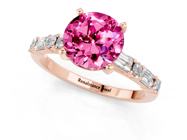 Rose gold Round Cut Pink Sapphire Solitaire with Side Baguettes and Channel Set Band