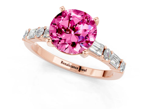 Rose gold Round Cut Pink Sapphire Solitaire with Side Baguettes and Channel Set Band_25