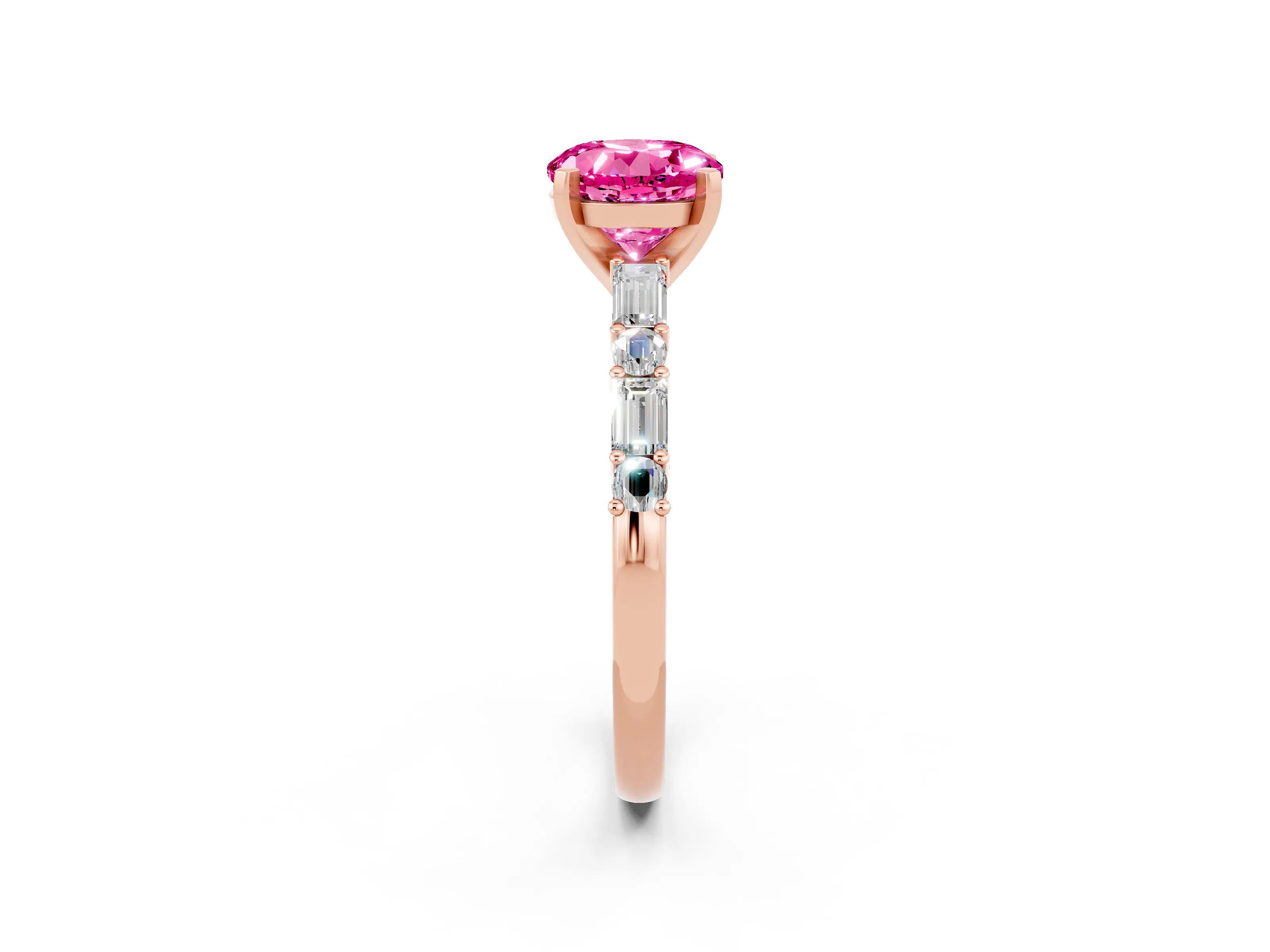 Rose gold Round Cut Pink Sapphire Solitaire with Side Baguettes and Channel Set Band_26
