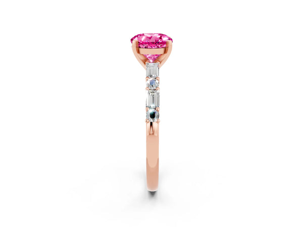 Rose gold Round Cut Pink Sapphire Solitaire with Side Baguettes and Channel Set Band