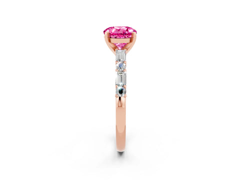 Rose gold Round Cut Pink Sapphire Solitaire with Side Baguettes and Channel Set Band_26