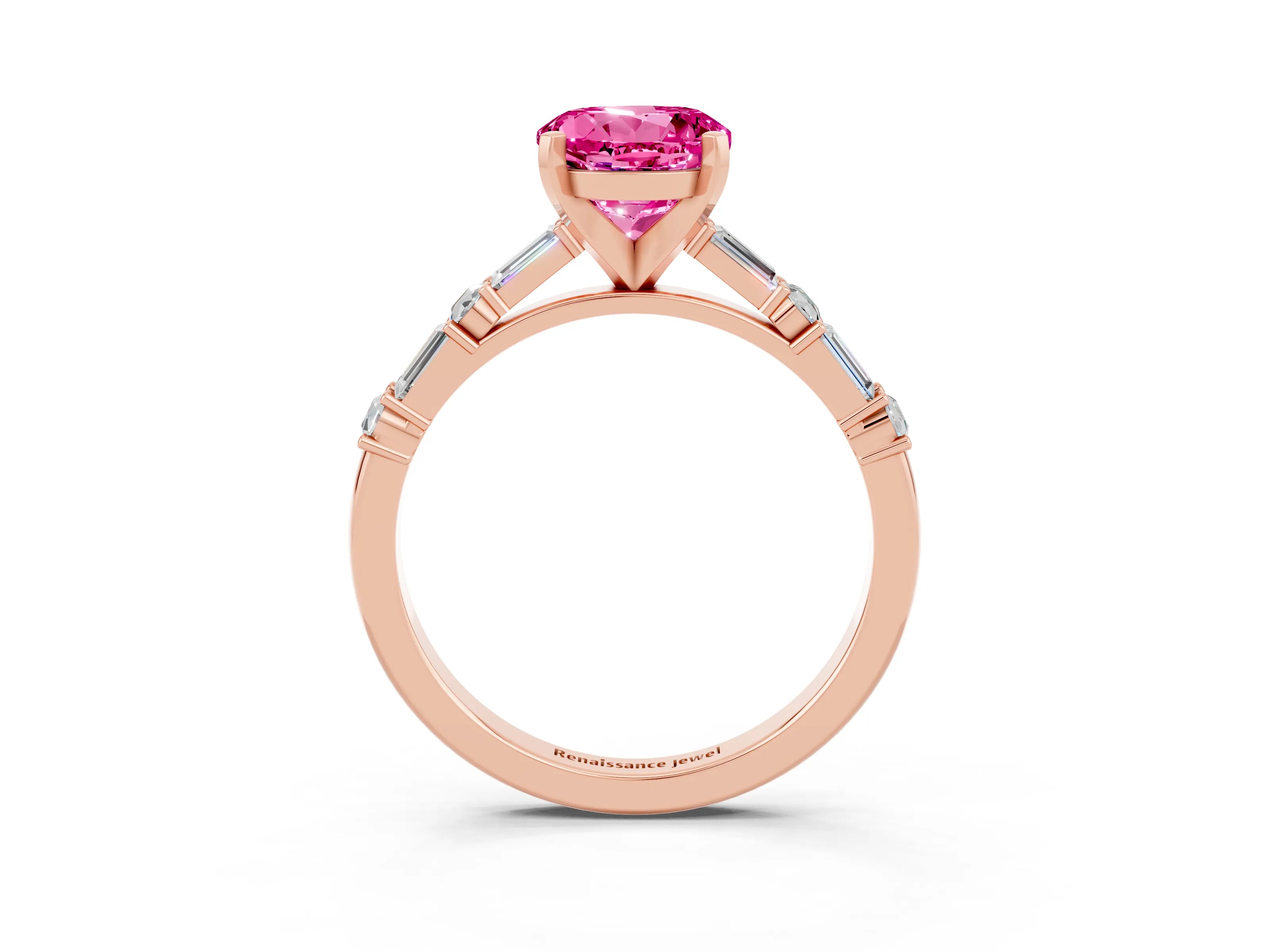 Rose gold Round Cut Pink Sapphire Solitaire with Side Baguettes and Channel Set Band_27