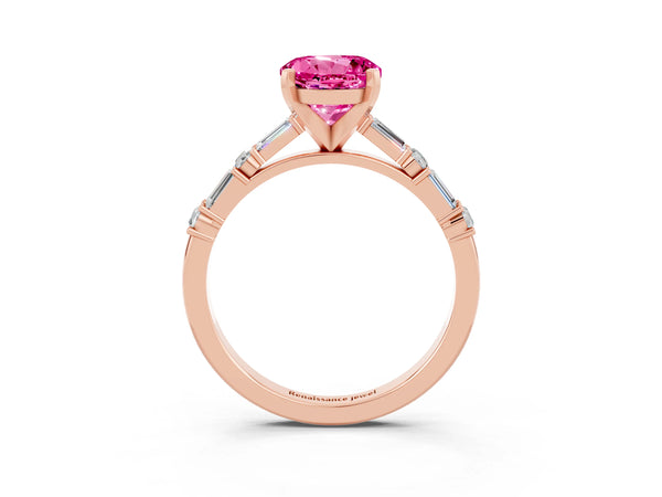 Rose gold Round Cut Pink Sapphire Solitaire with Side Baguettes and Channel Set Band