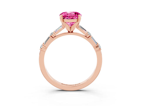 Rose gold Round Cut Pink Sapphire Solitaire with Side Baguettes and Channel Set Band_27