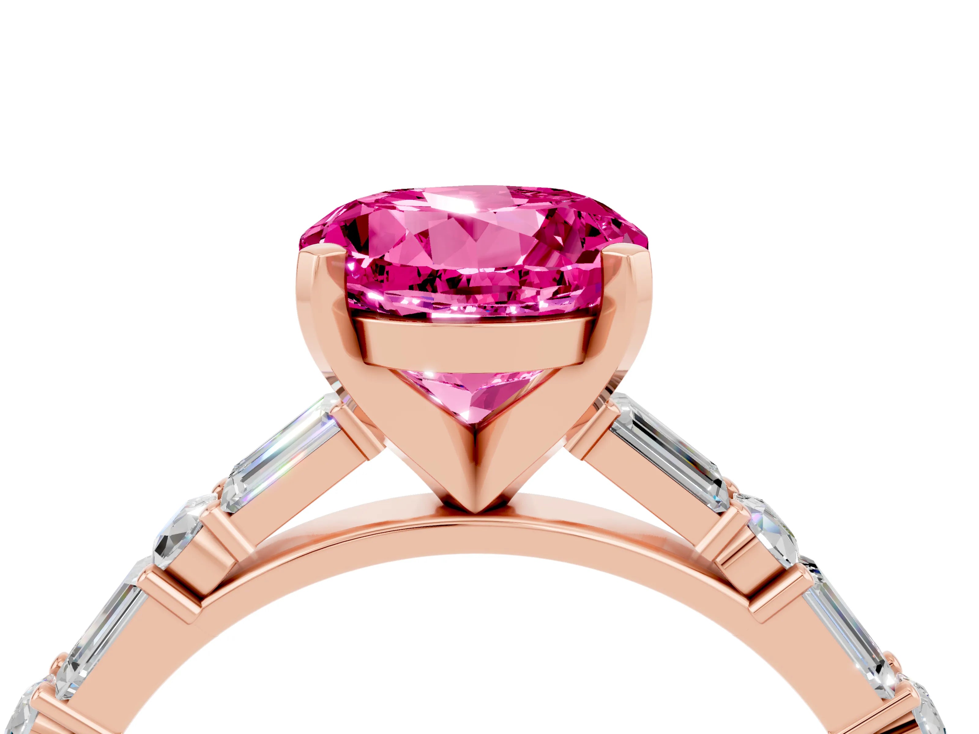 Rose gold Round Cut Pink Sapphire Solitaire with Side Baguettes and Channel Set Band_28