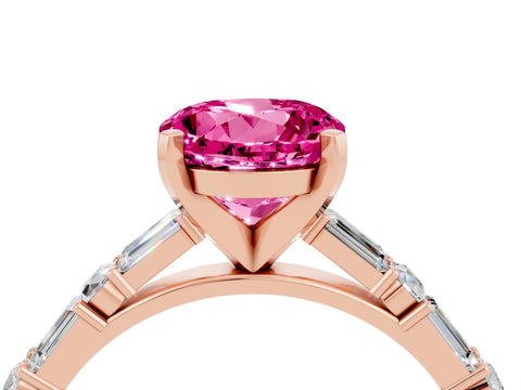 Rose gold Round Cut Pink Sapphire Solitaire with Side Baguettes and Channel Set Band_28