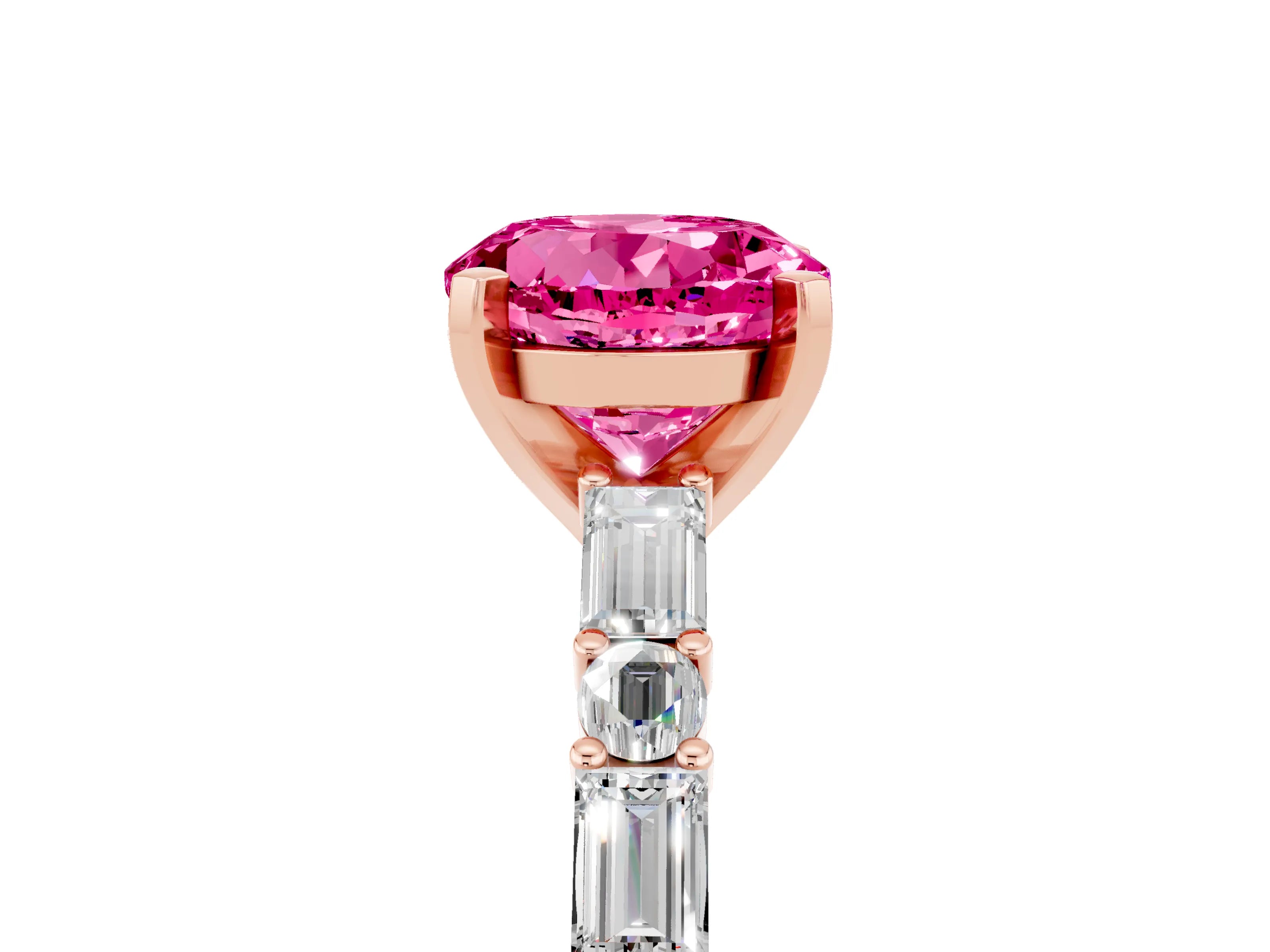 Rose gold Round Cut Pink Sapphire Solitaire with Side Baguettes and Channel Set Band_29