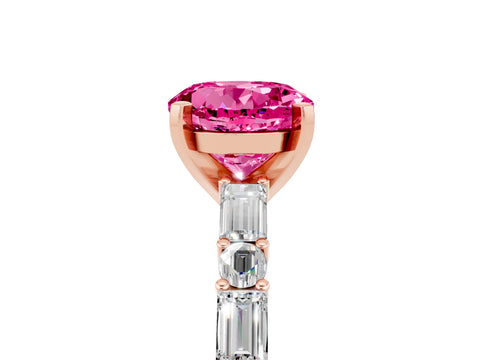 Rose gold Round Cut Pink Sapphire Solitaire with Side Baguettes and Channel Set Band_29