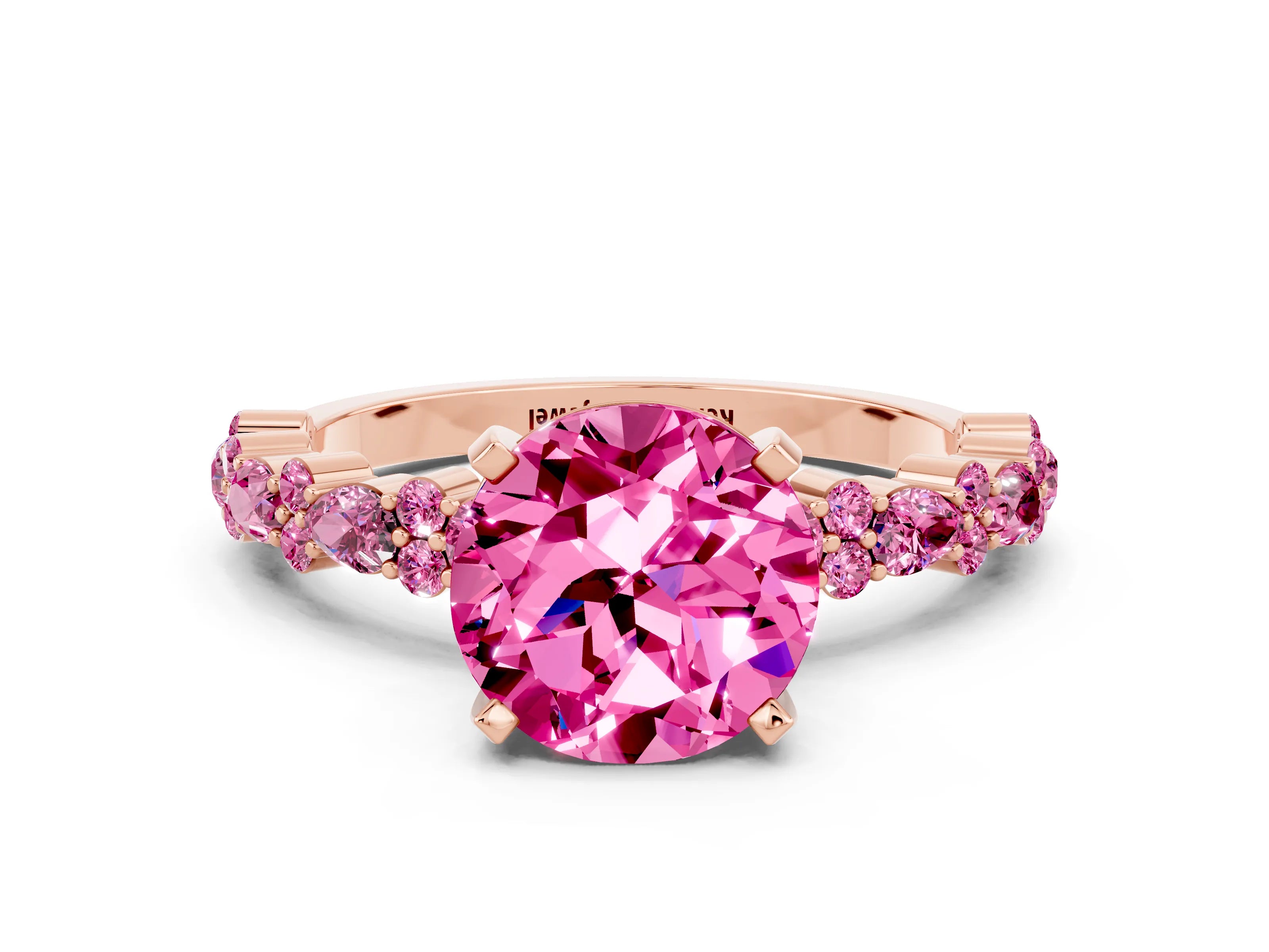 Rose gold Round Cut Pink Sapphire Solitaire with Side Stones, Pave Band, Four-Prong Setting_12