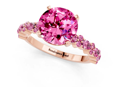 Rose gold Round Cut Pink Sapphire Solitaire with Side Stones, Pave Band, Four-Prong Setting_13
