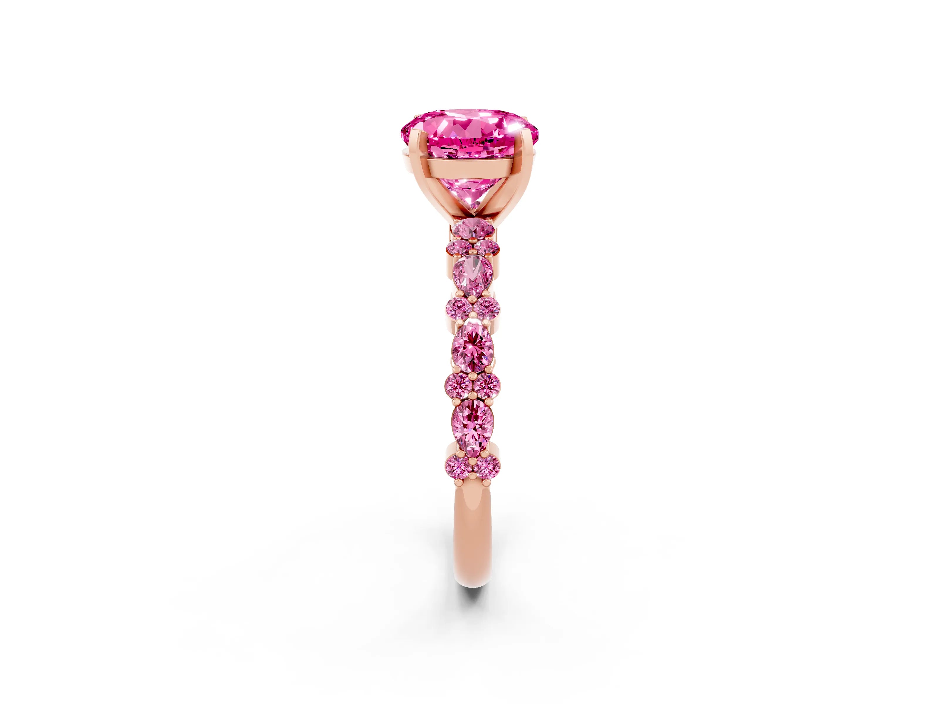 Rose gold Round Cut Pink Sapphire Solitaire with Side Stones, Pave Band, Four-Prong Setting_14