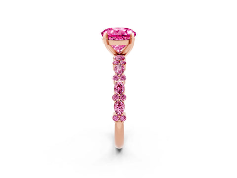 Rose gold Round Cut Pink Sapphire Solitaire with Side Stones, Pave Band, Four-Prong Setting_14
