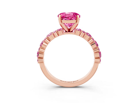 Rose gold Round Cut Pink Sapphire Solitaire with Side Stones, Pave Band, Four-Prong Setting_15