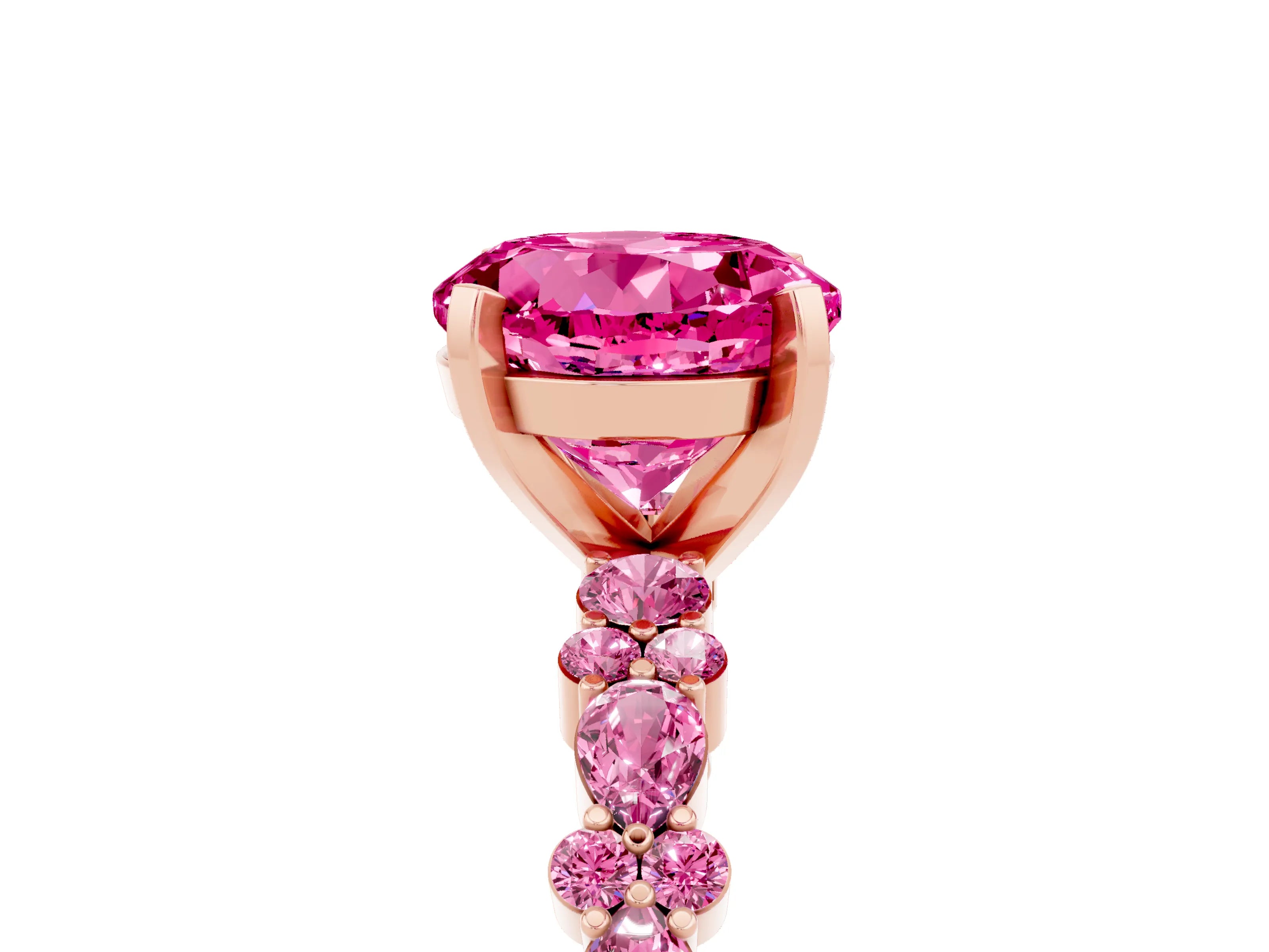 Rose gold Round Cut Pink Sapphire Solitaire with Side Stones, Pave Band, Four-Prong Setting_17