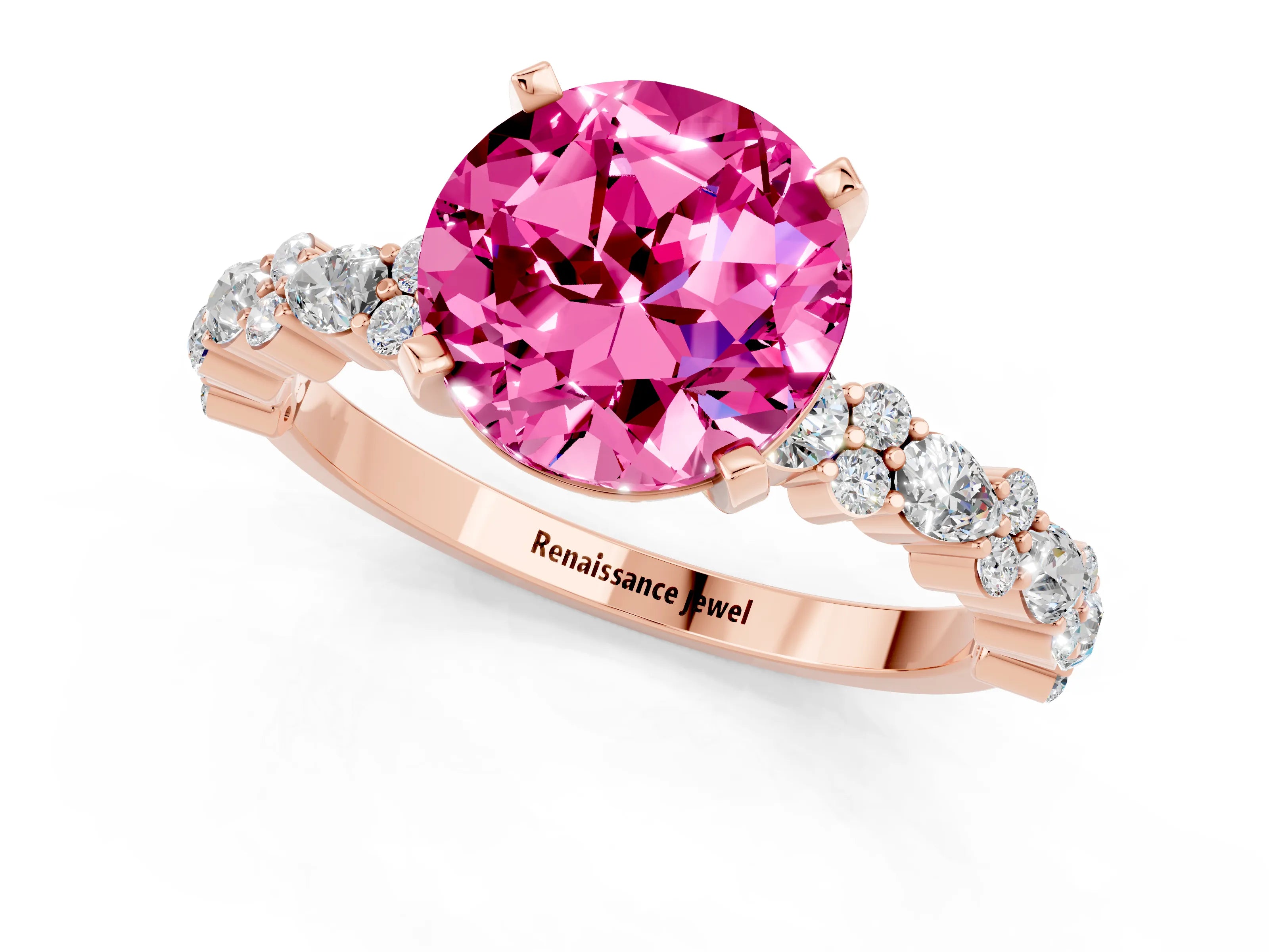 Rose gold Round Cut Pink Sapphire Solitaire with Side Stones, Pave Band, Four-Prong Setting_73