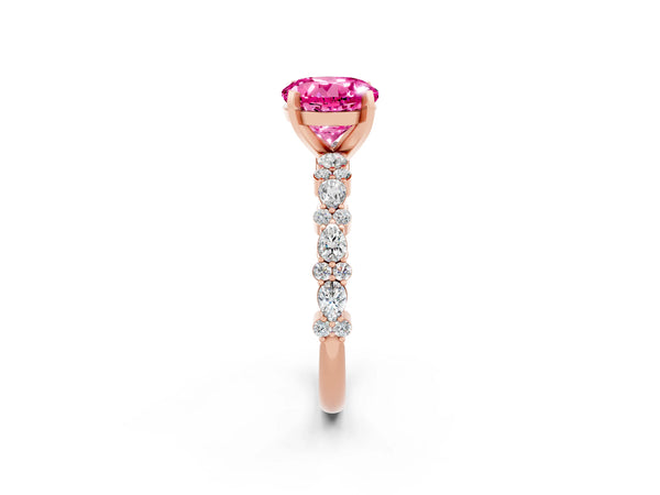 Rose gold Round Cut Pink Sapphire Side Stone Solitaire Ring with Round  and Four-Prong Setting