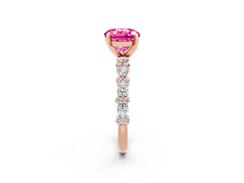 Rose gold Round Cut Pink Sapphire Solitaire with Side Stones, Pave Band, Four-Prong Setting_74
