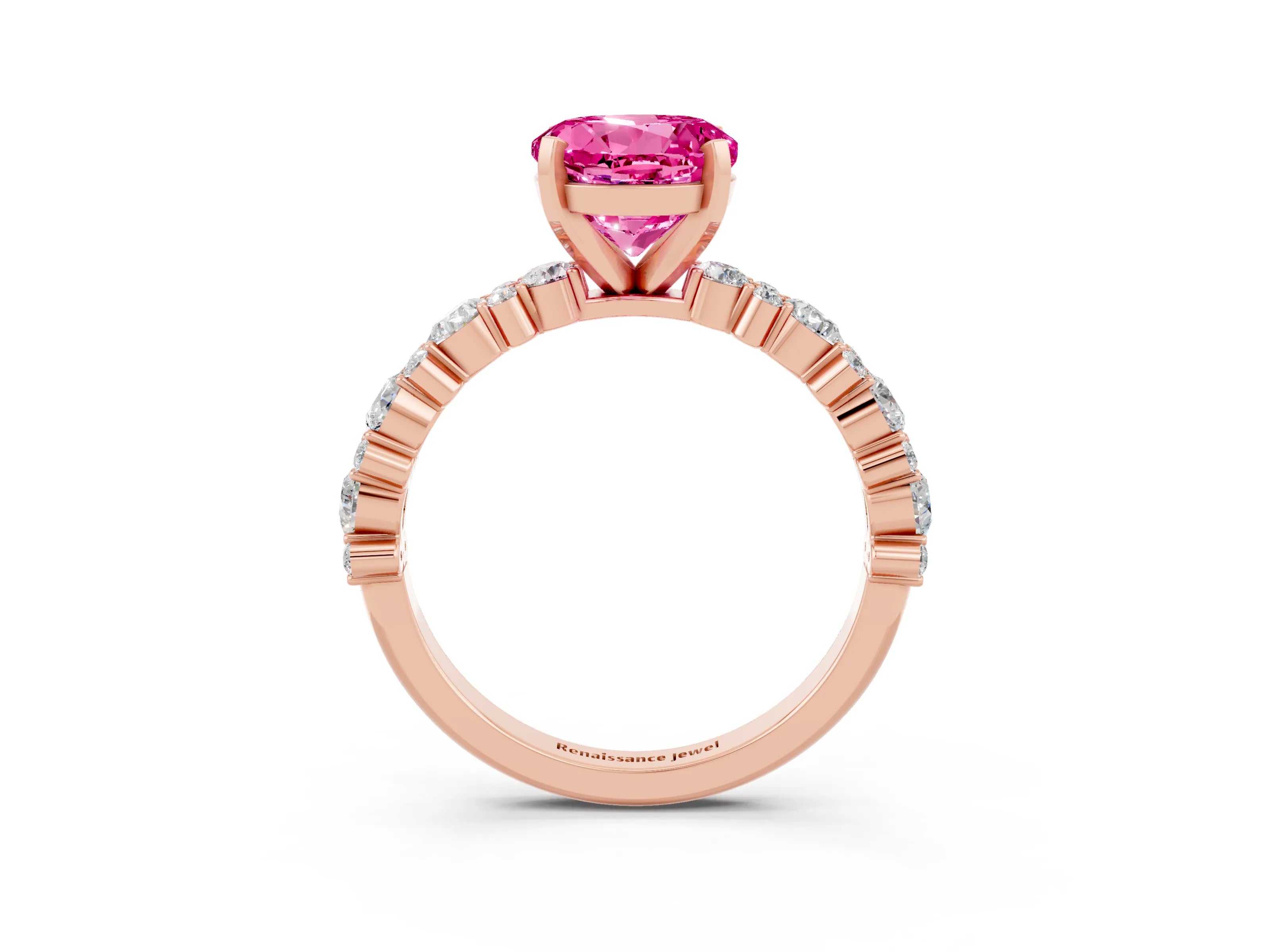 Rose gold Round Cut Pink Sapphire Solitaire with Side Stones, Pave Band, Four-Prong Setting_75