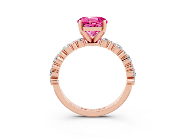 Rose gold Round Cut Pink Sapphire Side Stone Solitaire Ring with Round  and Four-Prong Setting