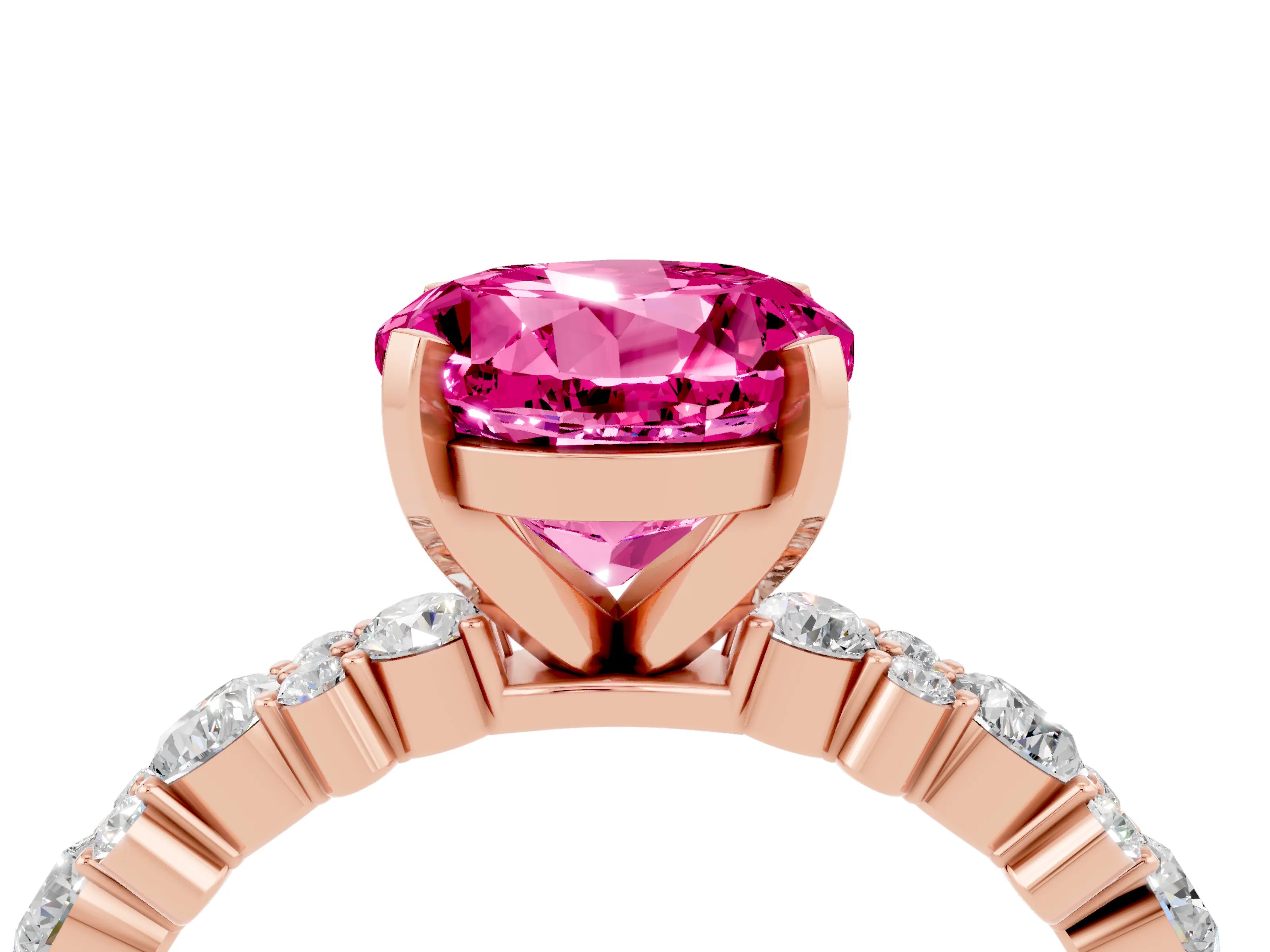 Rose gold Round Cut Pink Sapphire Solitaire with Side Stones, Pave Band, Four-Prong Setting_76