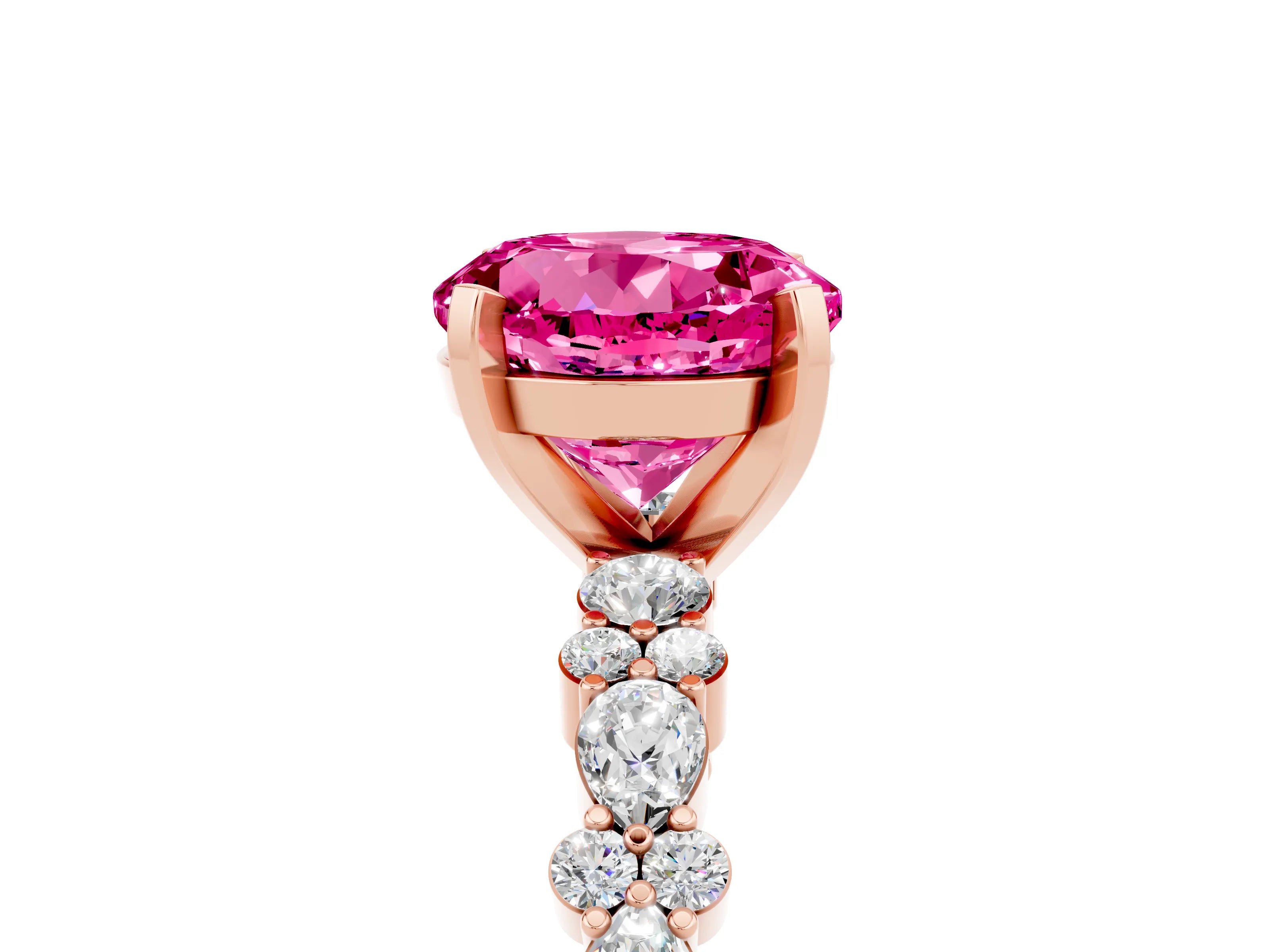 Rose gold Round Cut Pink Sapphire Solitaire with Side Stones, Pave Band, Four-Prong Setting_77