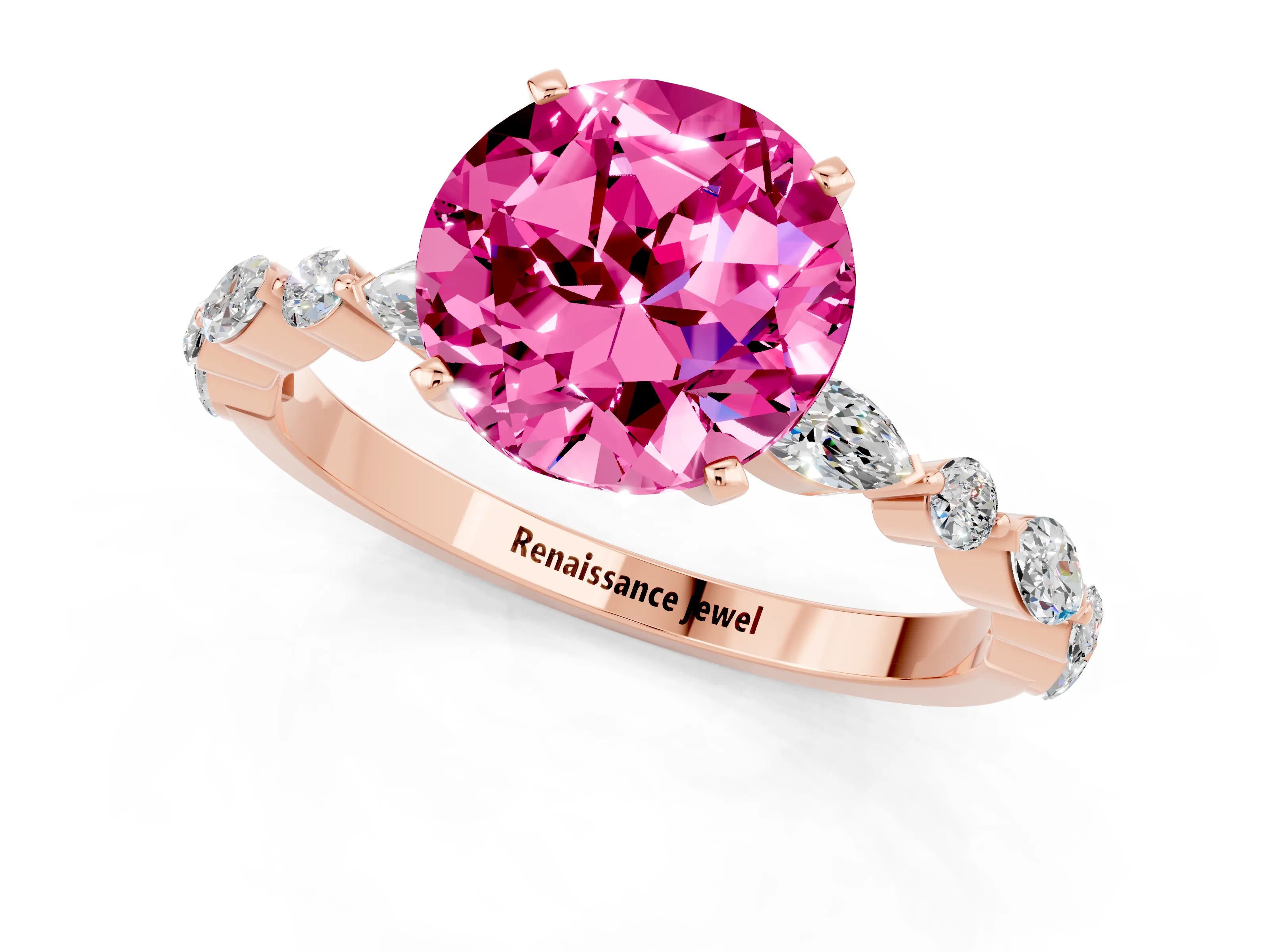 Rose gold Round Cut Pink Sapphire Solitaire with Side Stones on a Pavé Band and Four-Prong Setting_25
