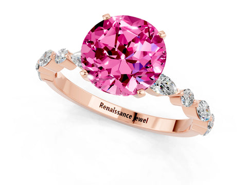 Rose gold Round Cut Pink Sapphire Solitaire with Side Stones on a Pavé Band and Four-Prong Setting_25