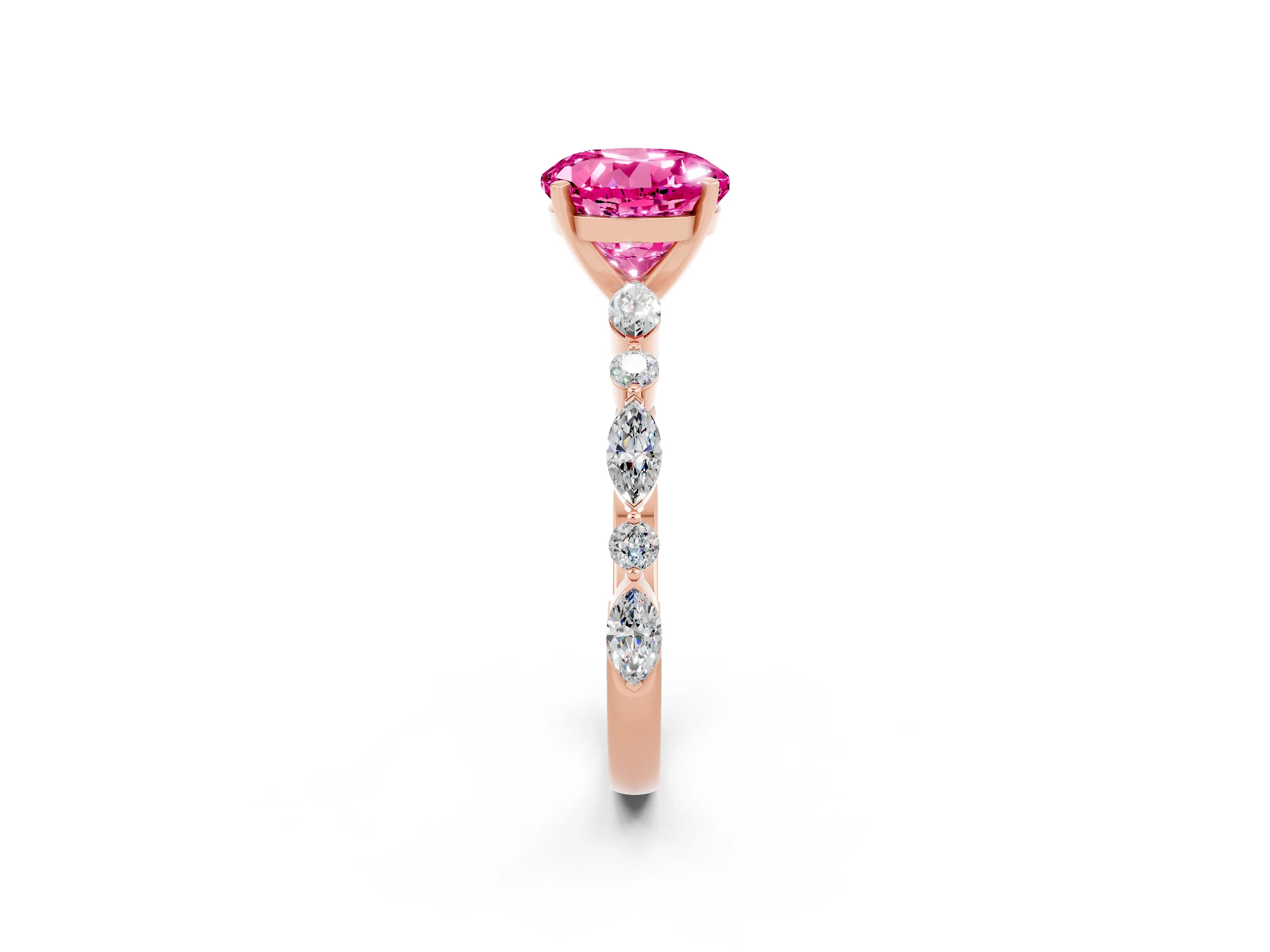 Rose gold Round Cut Pink Sapphire Solitaire with Side Stones on a Pavé Band and Four-Prong Setting_26