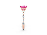 Rose gold Round Cut Pink Sapphire Solitaire with Side Stones on a Pavé Band and Four-Prong Setting_26
