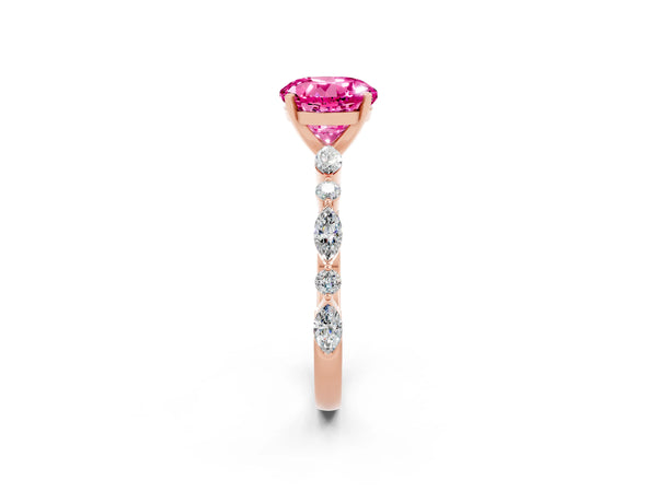 Rose gold Round Cut Pink Sapphire Ring with Marquise and Round  Side Stones and Four-Prong Setting