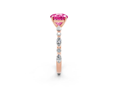 Rose gold Round Cut Pink Sapphire Solitaire with Side Stones on a Pavé Band and Four-Prong Setting_26
