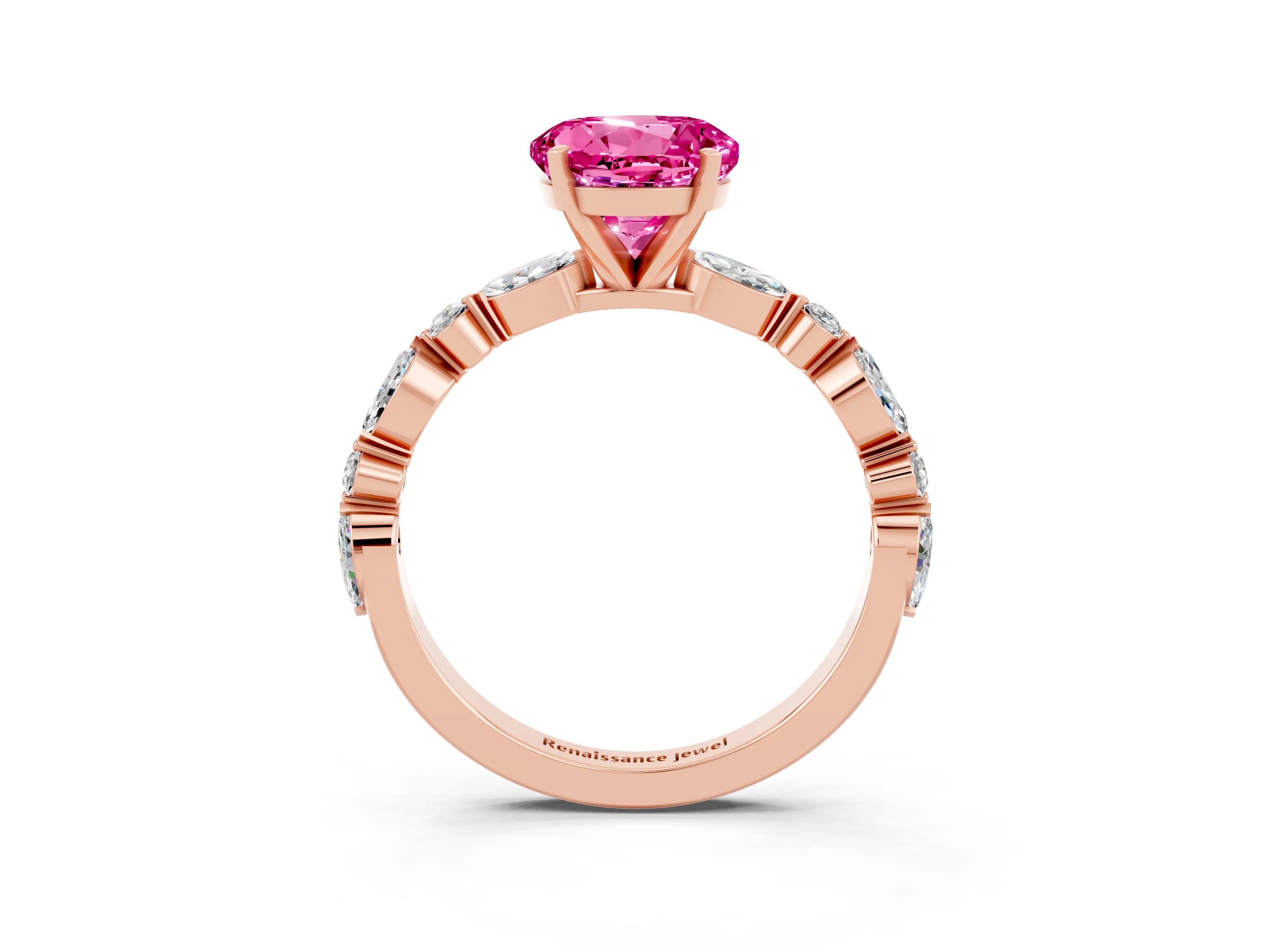 Rose gold Round Cut Pink Sapphire Solitaire with Side Stones on a Pavé Band and Four-Prong Setting_27