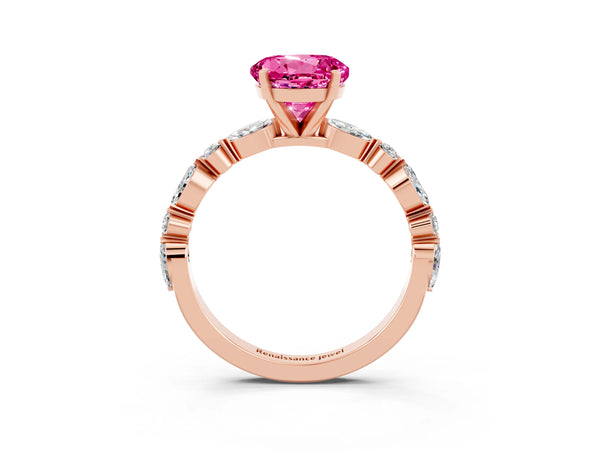 Rose gold Round Cut Pink Sapphire Ring with Marquise and Round  Side Stones and Four-Prong Setting