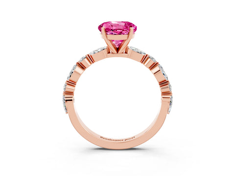 Rose gold Round Cut Pink Sapphire Solitaire with Side Stones on a Pavé Band and Four-Prong Setting_27