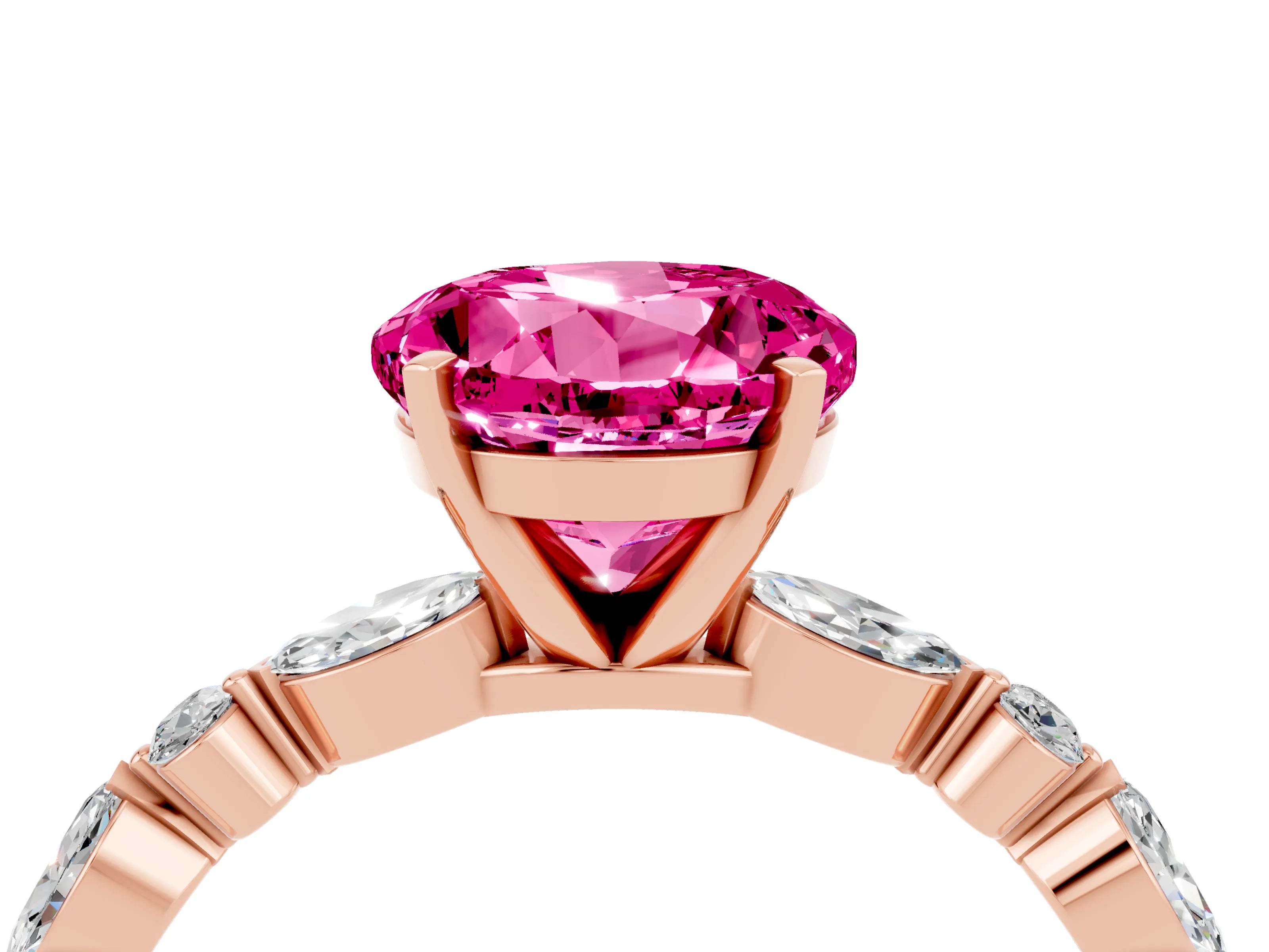 Rose gold Round Cut Pink Sapphire Solitaire with Side Stones on a Pavé Band and Four-Prong Setting_28