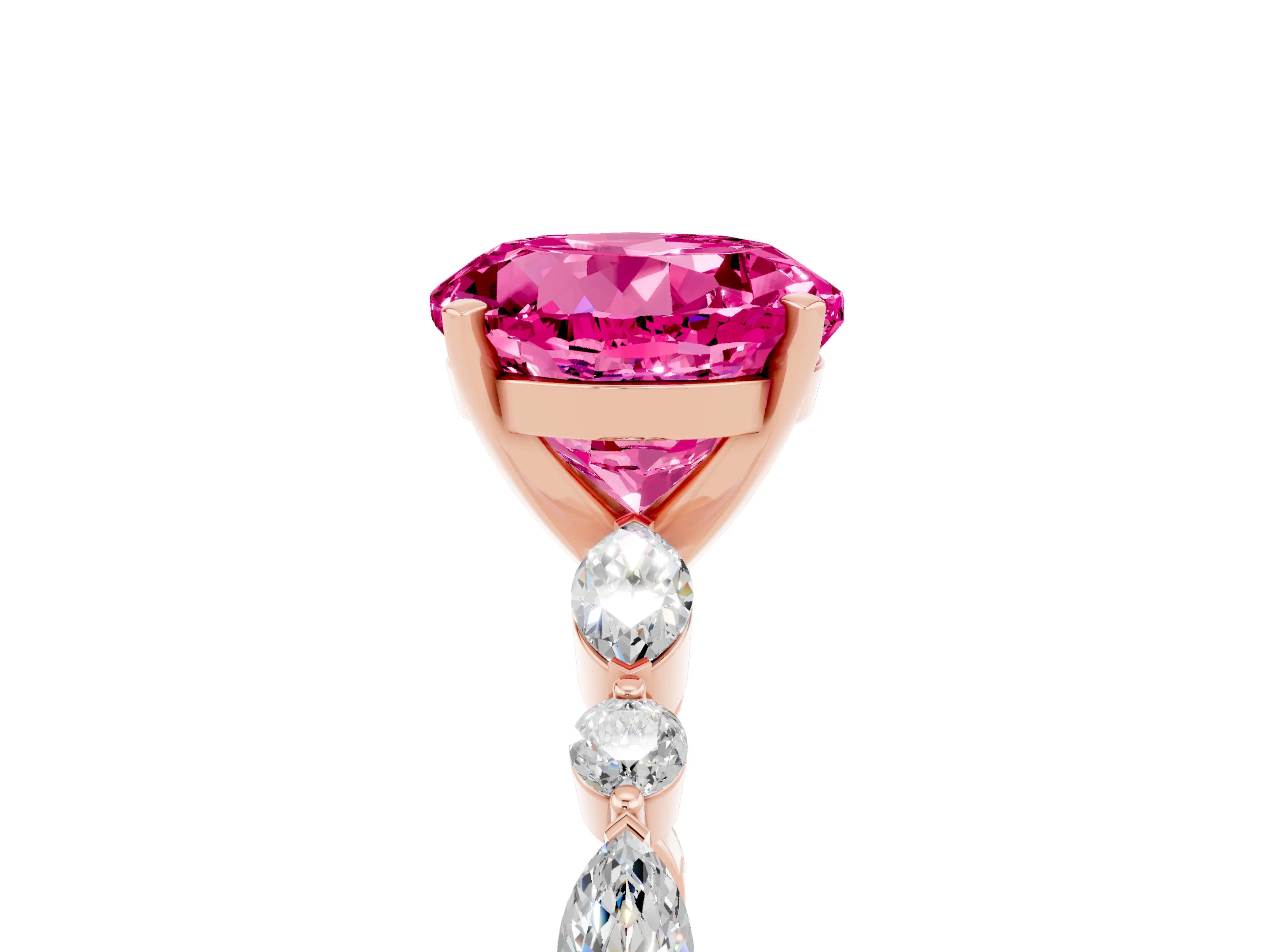 Rose gold Round Cut Pink Sapphire Solitaire with Side Stones on a Pavé Band and Four-Prong Setting_29