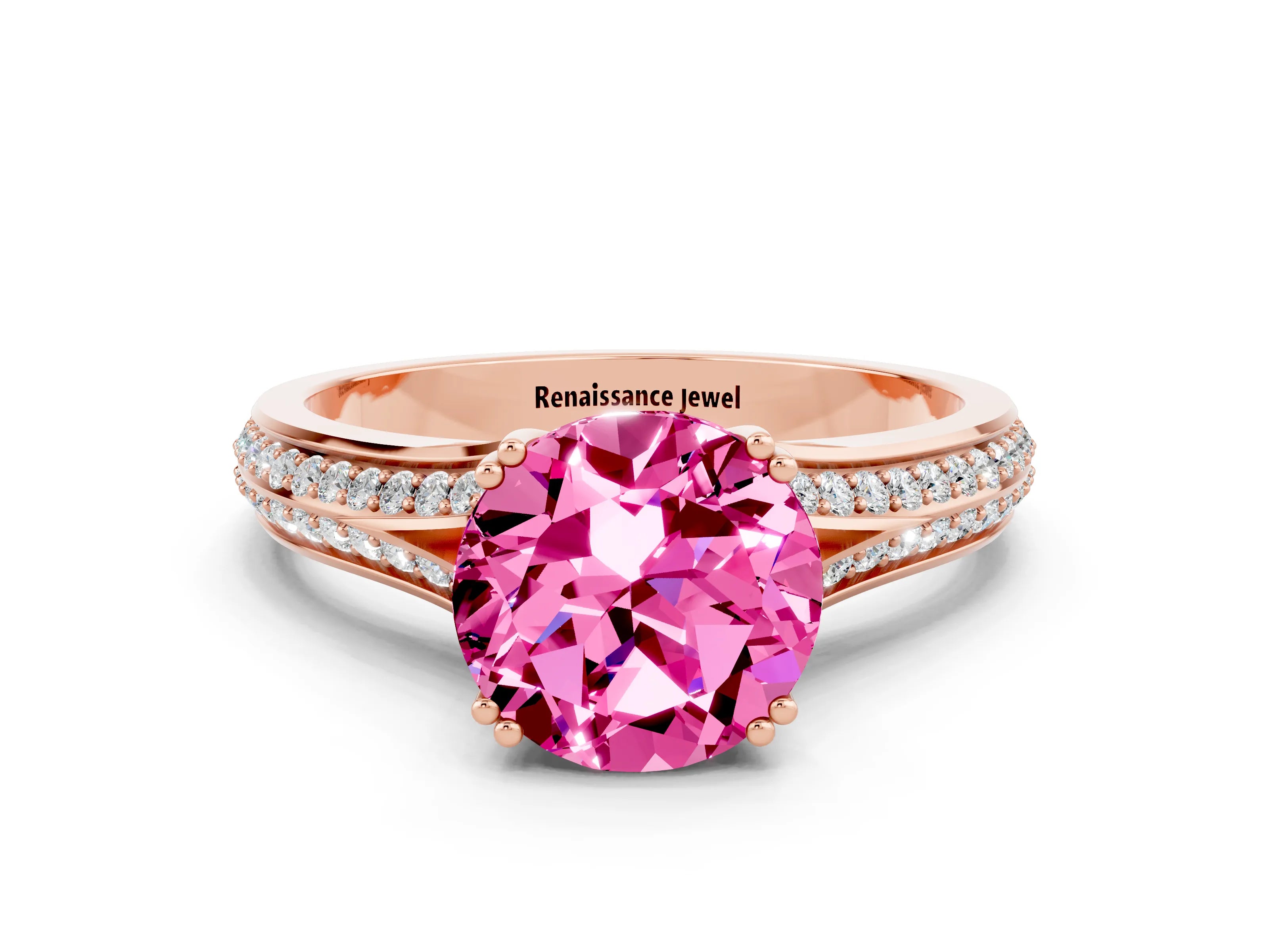 Rose gold Round Cut Pink Sapphire Split Shank Engagement Ring with Pavé Band_24