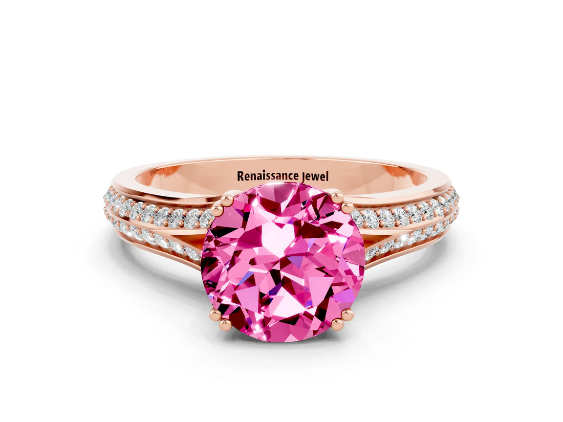 Rose gold Round Cut Pink Sapphire Split Shank Engagement Ring with Pavé Band_24