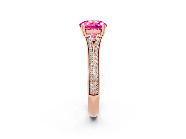 Rose gold Round Cut Pink Sapphire Split Shank Engagement Ring with Pavé Band