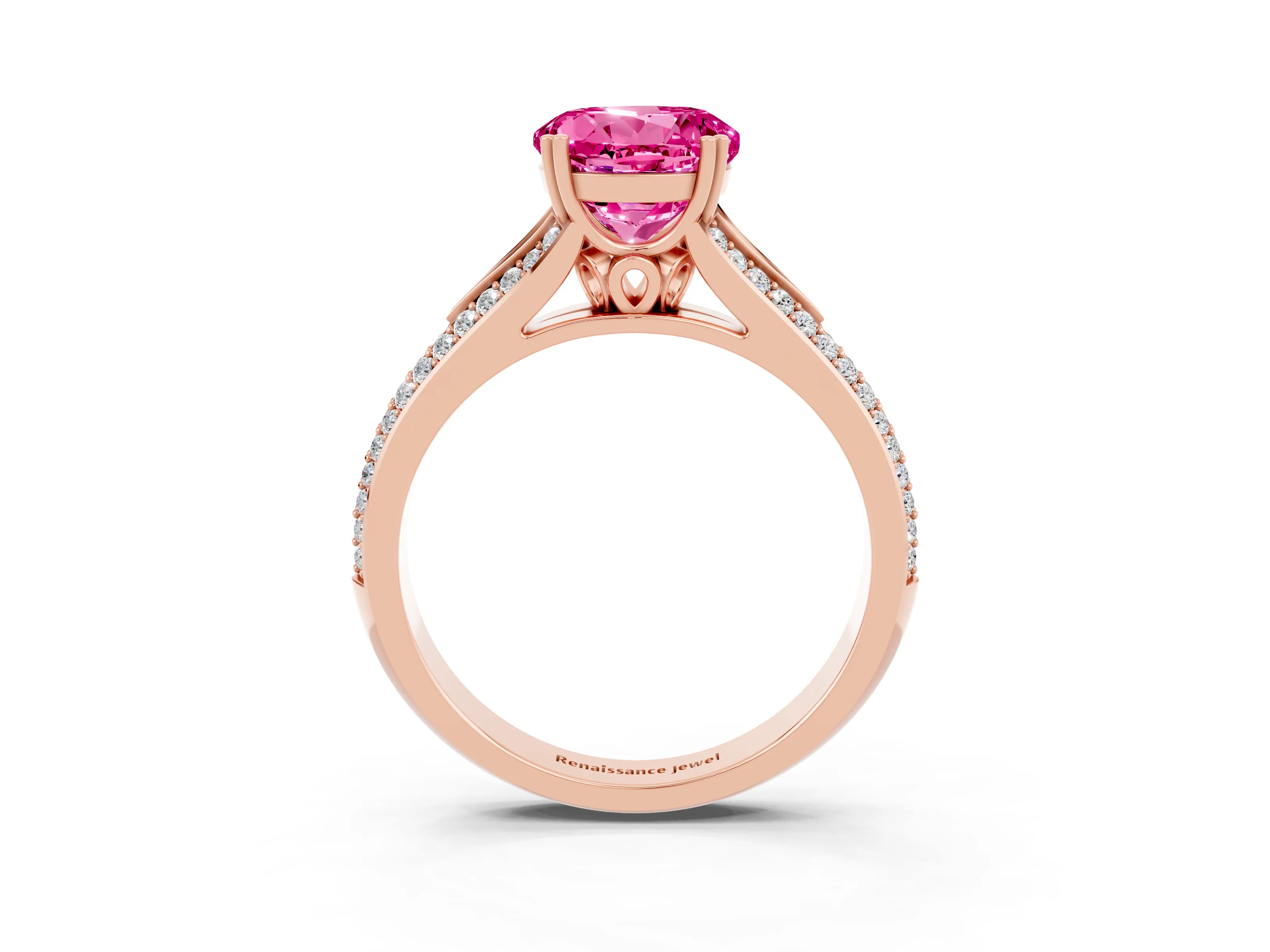 Rose gold Round Cut Pink Sapphire Split Shank Engagement Ring with Pavé Band_27