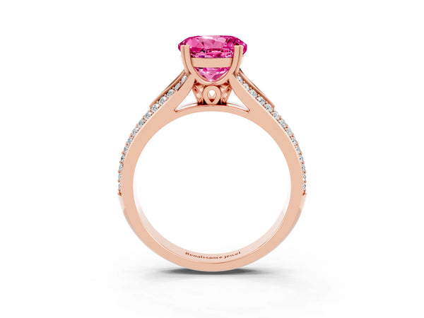 Rose gold Round Cut Pink Sapphire Split Shank Engagement Ring with Pavé Band