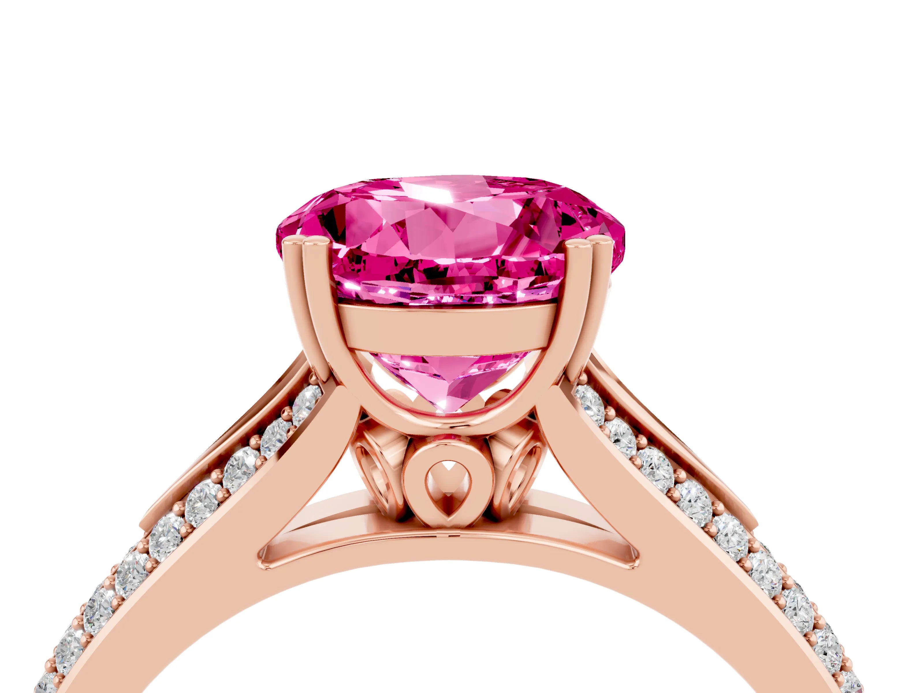 Rose gold Round Cut Pink Sapphire Split Shank Engagement Ring with Pavé Band_28