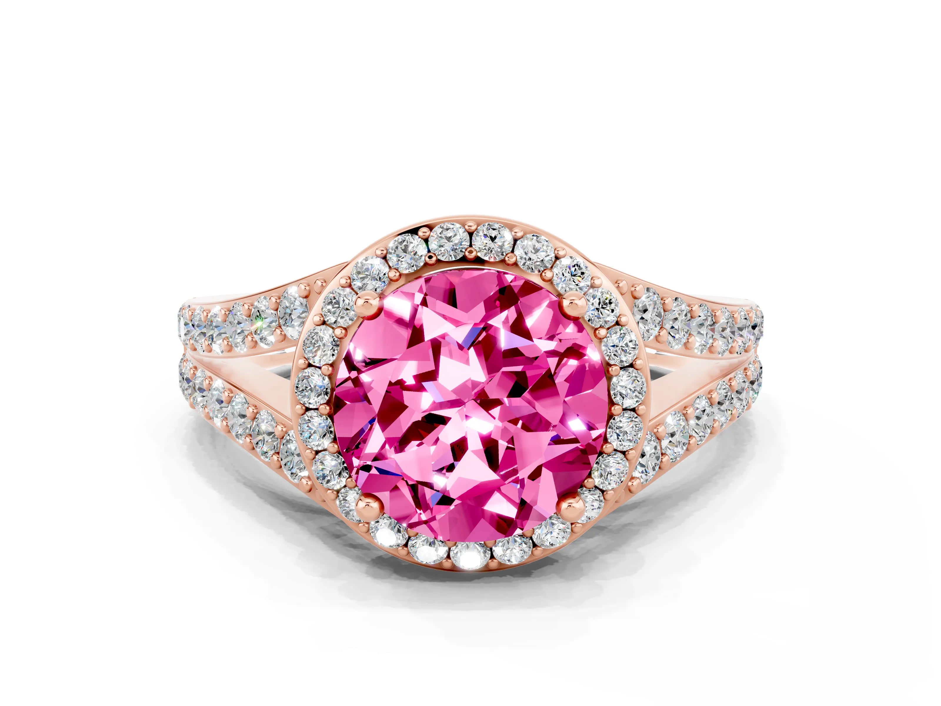 Rose gold Round Cut Pink Sapphire Split Shank Halo Ring with Four-Prong Setting_12
