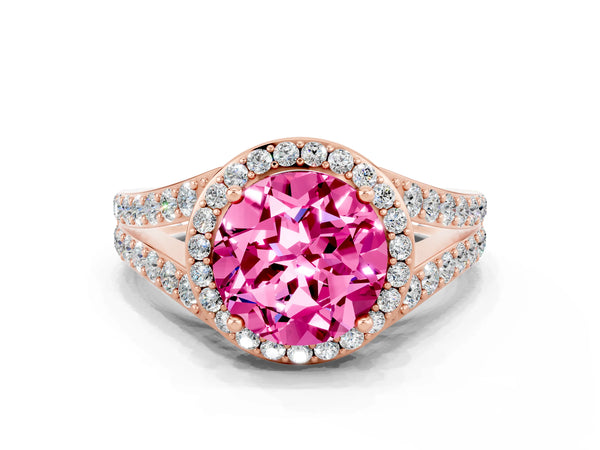 Rose gold Round Cut Pink Sapphire Split Shank Halo Ring with Four-Prong Setting