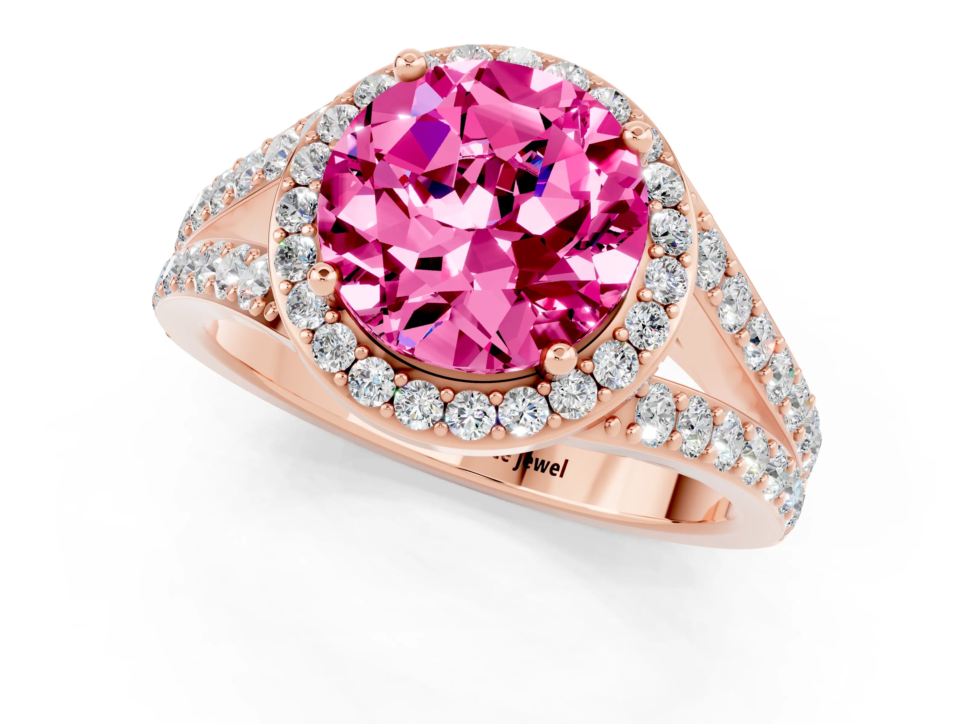 Rose gold Round Cut Pink Sapphire Split Shank Halo Ring with Four-Prong Setting_13