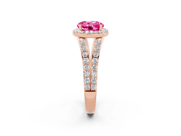 Rose gold Round Cut Pink Sapphire Split Shank Halo Ring with Four-Prong Setting