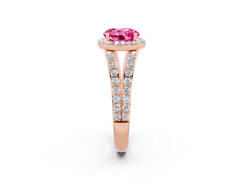 Rose gold Round Cut Pink Sapphire Split Shank Halo Ring with Four-Prong Setting_14