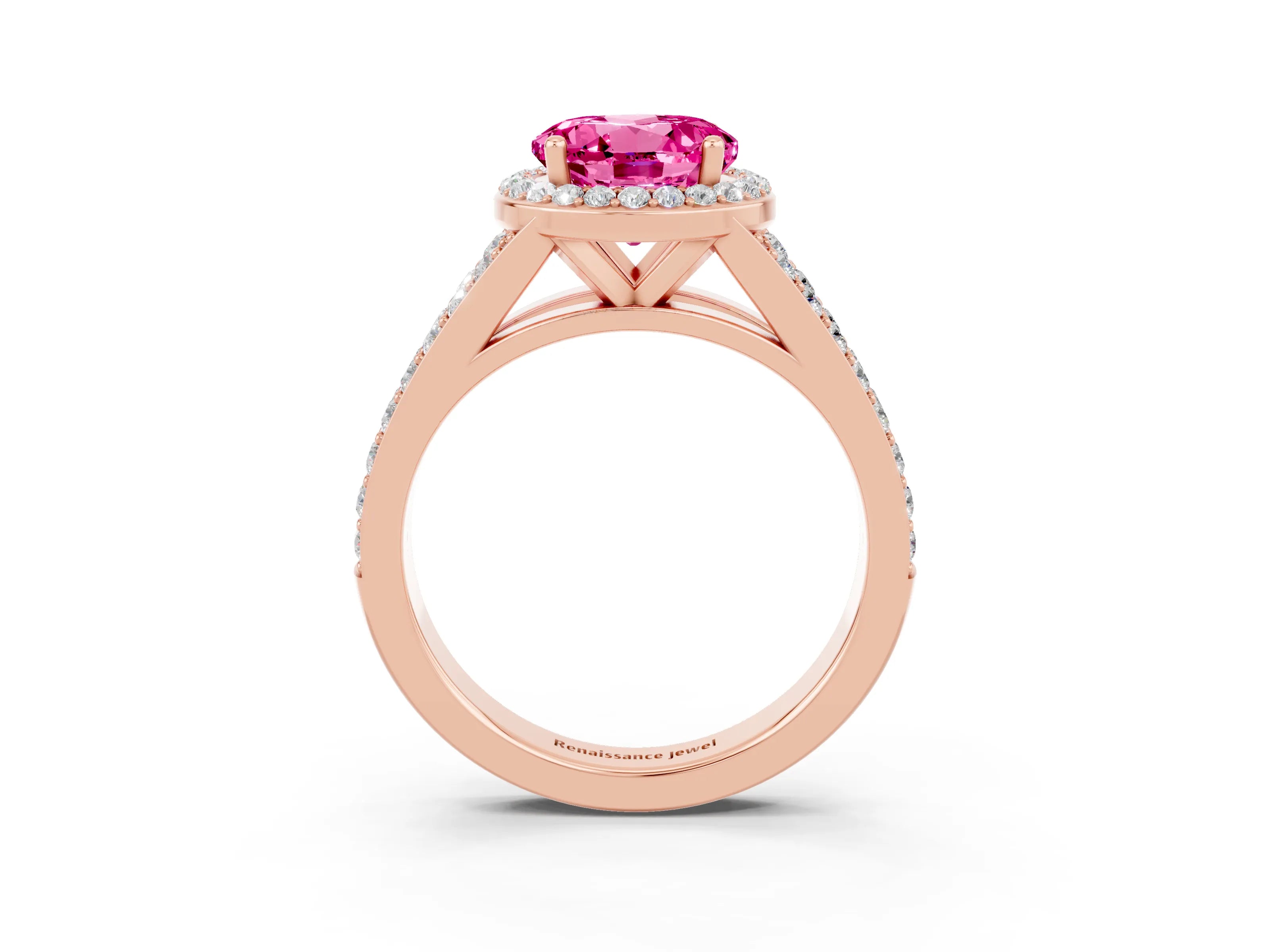 Rose gold Round Cut Pink Sapphire Split Shank Halo Ring with Four-Prong Setting_15