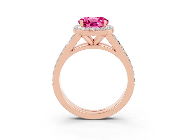 Rose gold Round Cut Pink Sapphire Split Shank Halo Ring with Four-Prong Setting